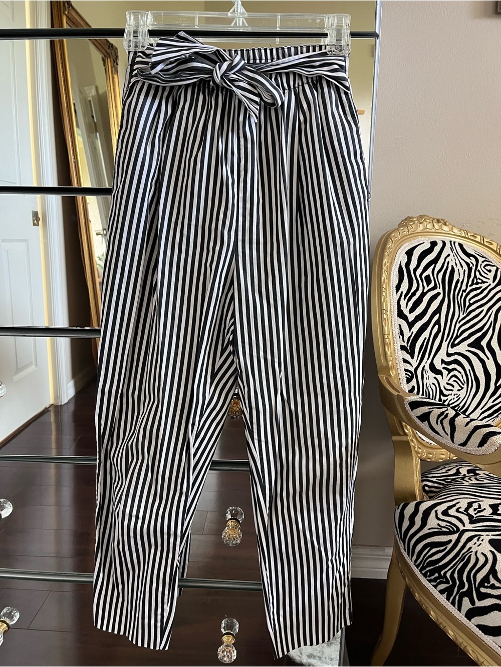Zara Black & White Striped Paperbag Waist Ankle Pants